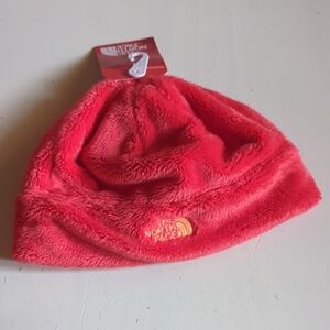 New The North Face Denali Coral Melon Red Thermal Fleece Beanie Hat Small Medium